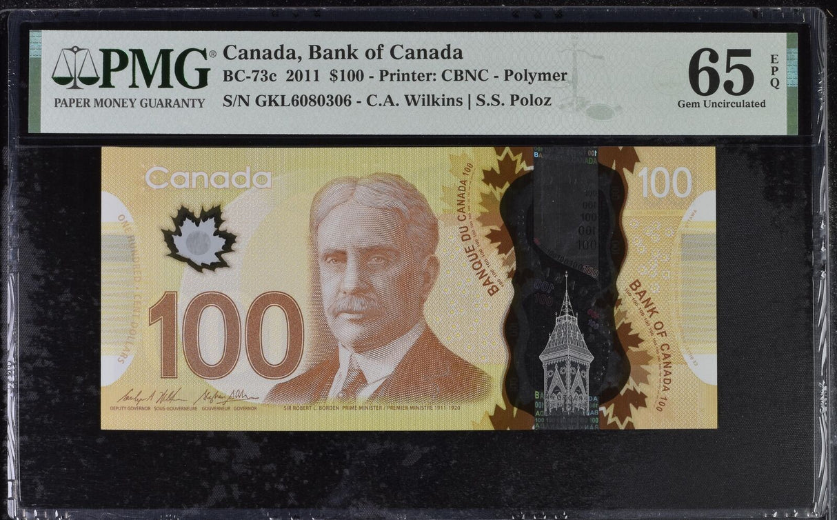 Canada 100 Dollars ND 2011 P 110 Polymer Wilkins Poloz Gem UNC PMG 65 EPQ