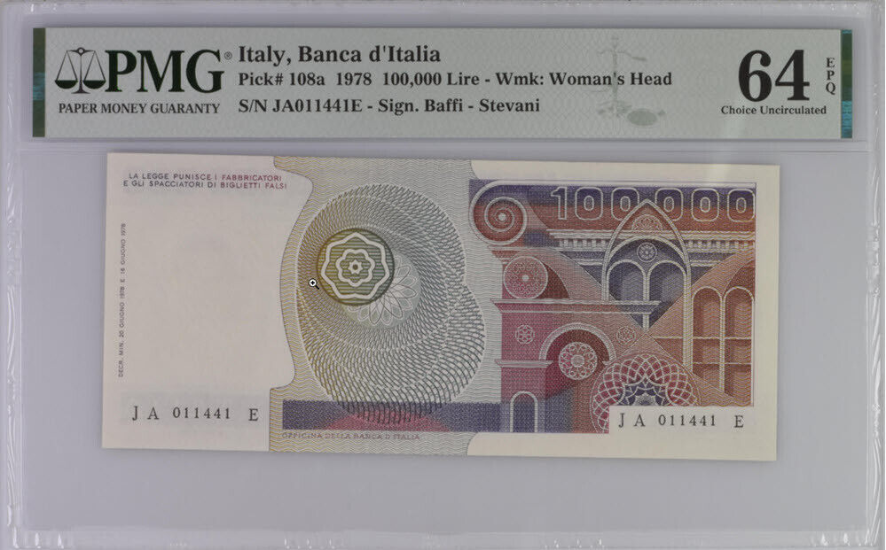 Italy 100000 Lire 1978 P 108 a Choice UNC PMG 64 EPQ