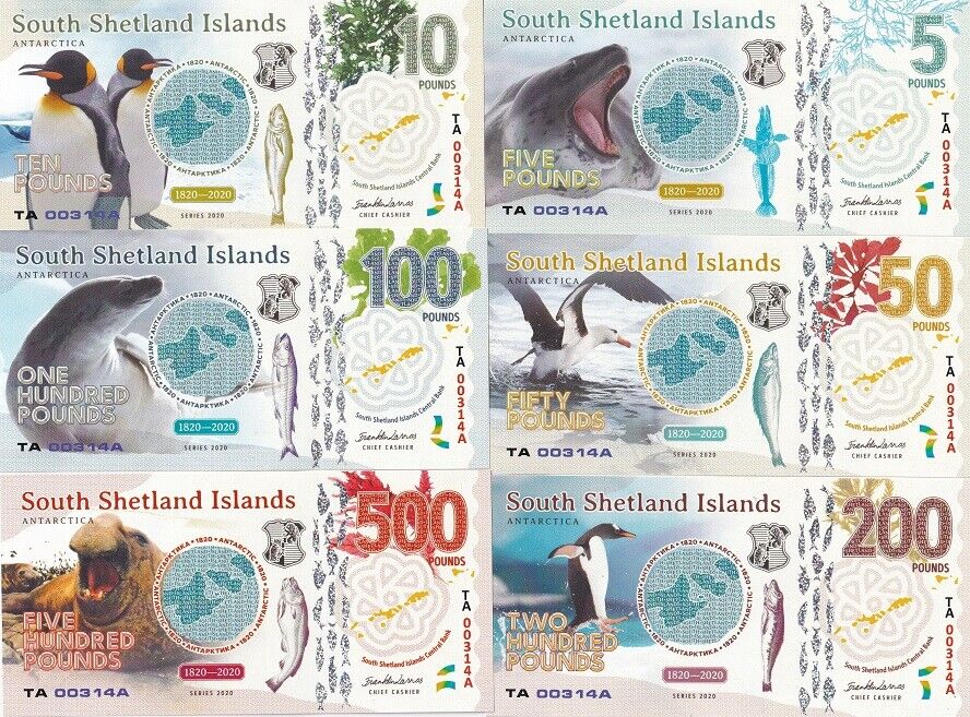 South Shetland Set 6 5 10 50 100 200 500 Pounds 1820-2020 polymer Fantasy