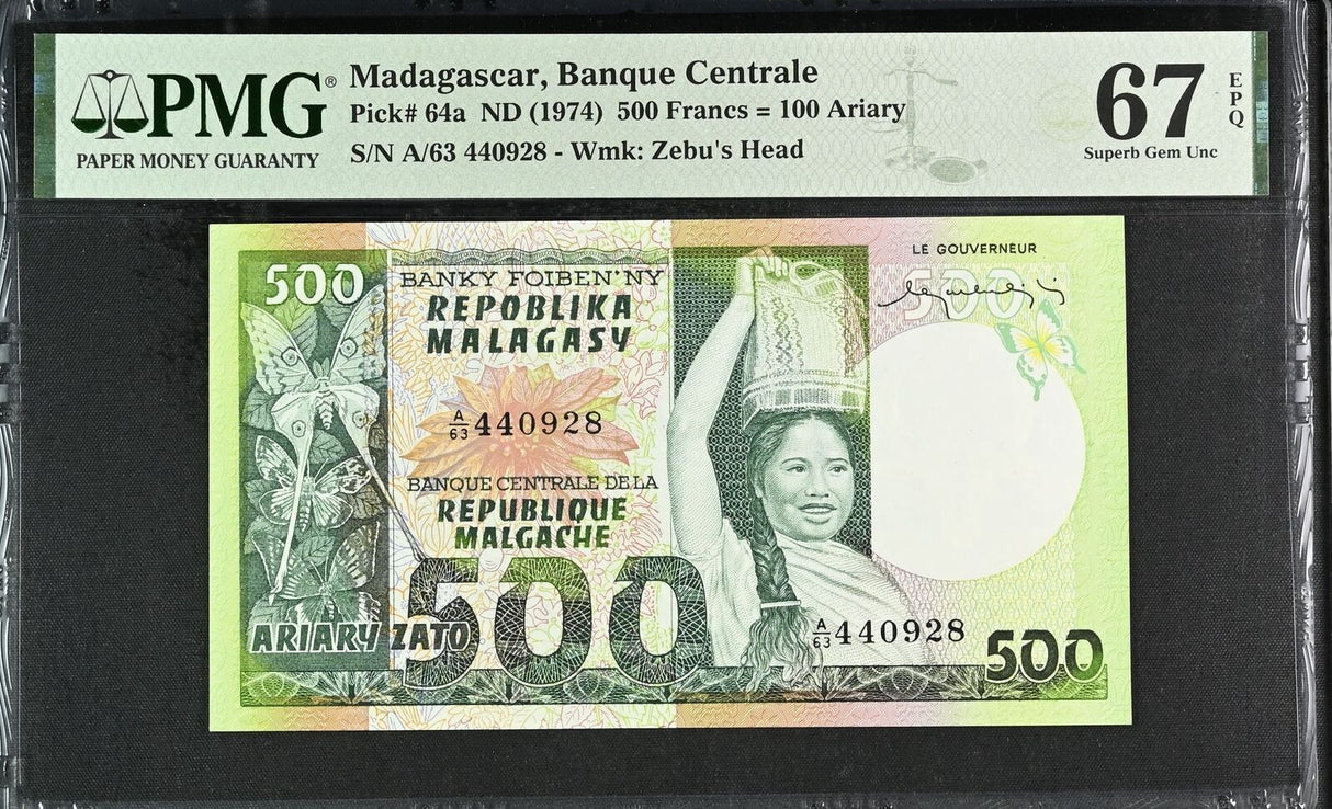 Madagascar 500 Francs =100 Ariary 1974 P 64 a SUPERB GEM UNC PMG 67 EPQ TOP POP