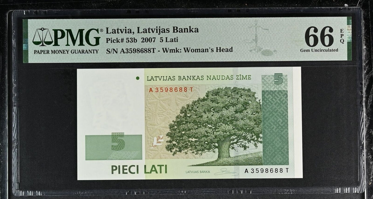 Latvia 5 Lati 2007 P 53 b Gem UNC PMG 66 EPQ