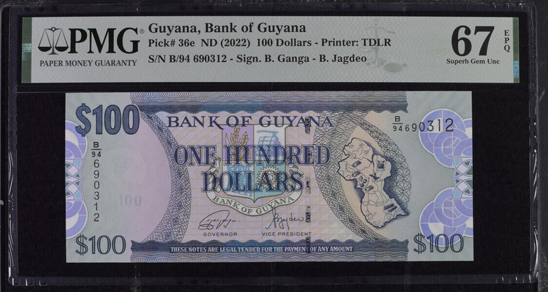 Guyana 100 Dollars ND 2022 P 36 e Superb GEM UNC PMG 67 EPQ