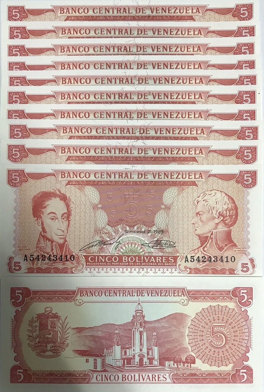 Venezuela 5 Bolivares A Prefix 1989 P 70 UNC LOT 10 PCS