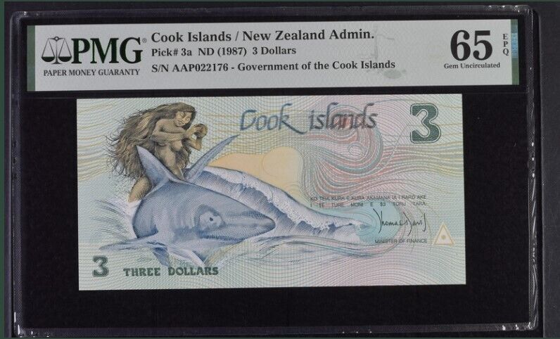 Cook Islands 3 Dollars ND 1987 P 3 a Gem UNC PMG 65 EPQ