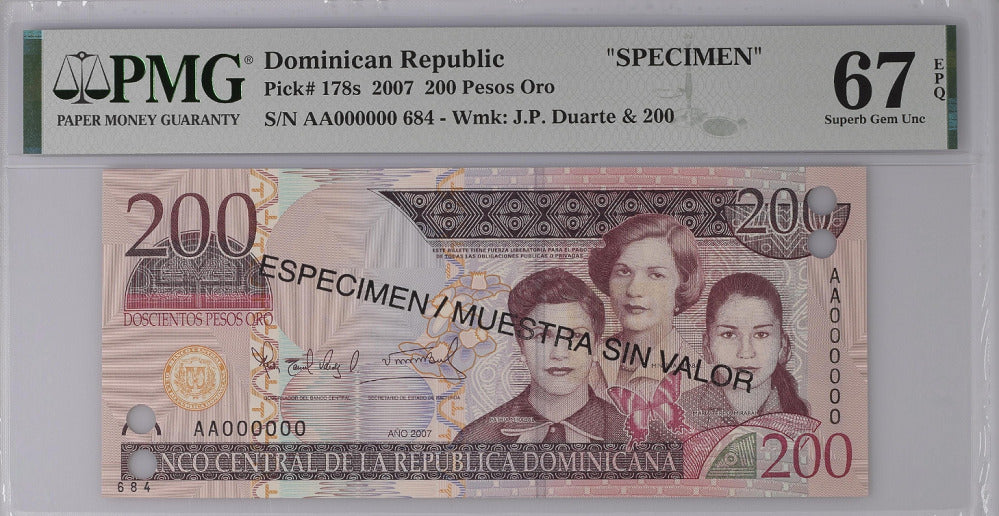 Dominican Republic 200 Pesos 2007 P 178 s SPECIMEN Superb GEM UNC PMG 67 EPQ