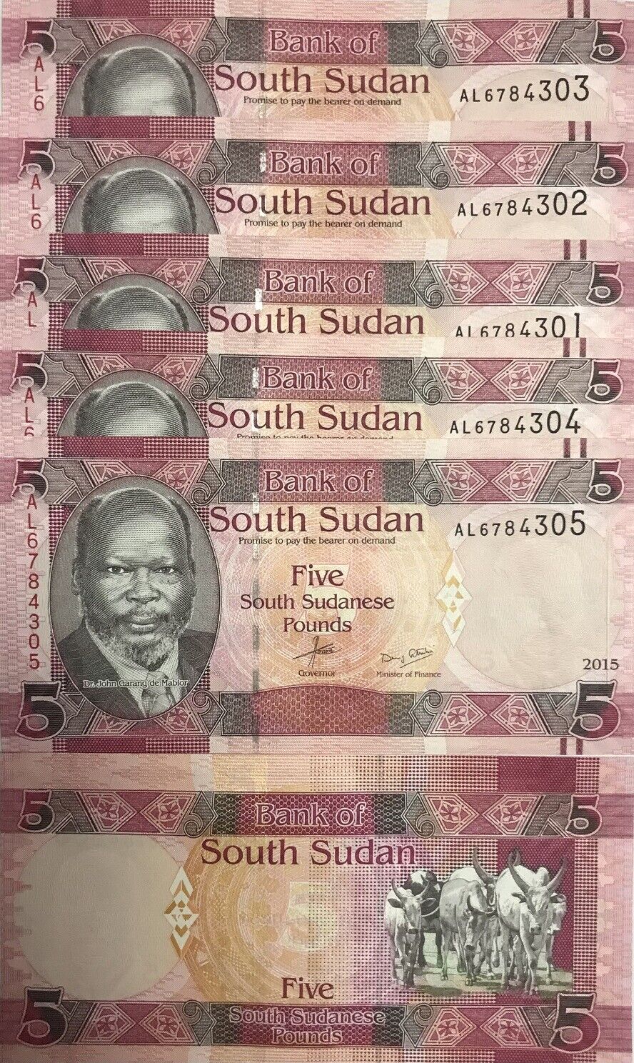 South Sudan 5 Pounds 2015 P 11 UNC LOT 5 PCS