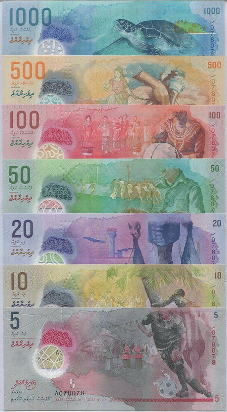 Maldives Set 7 UNC 5 - 1000 Rufiyaa 2015/2016 Polymer Matched Number in Folder