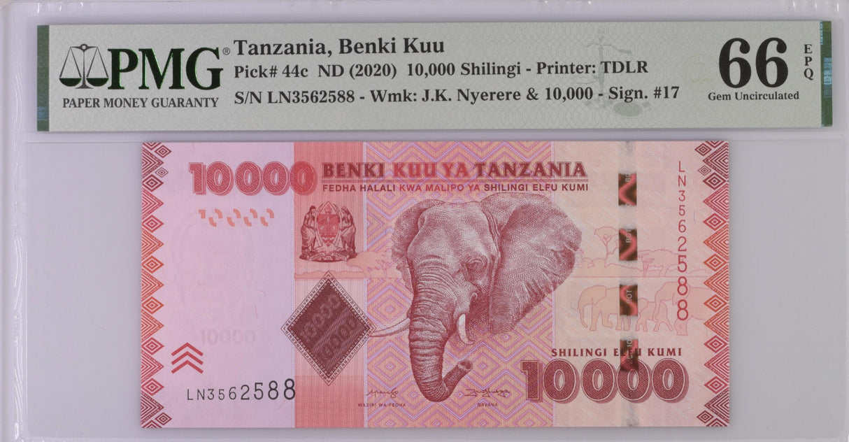 Tanzania 10000 Shilling ND 2020 P 44 c Gem UNC PMG 66 EPQ