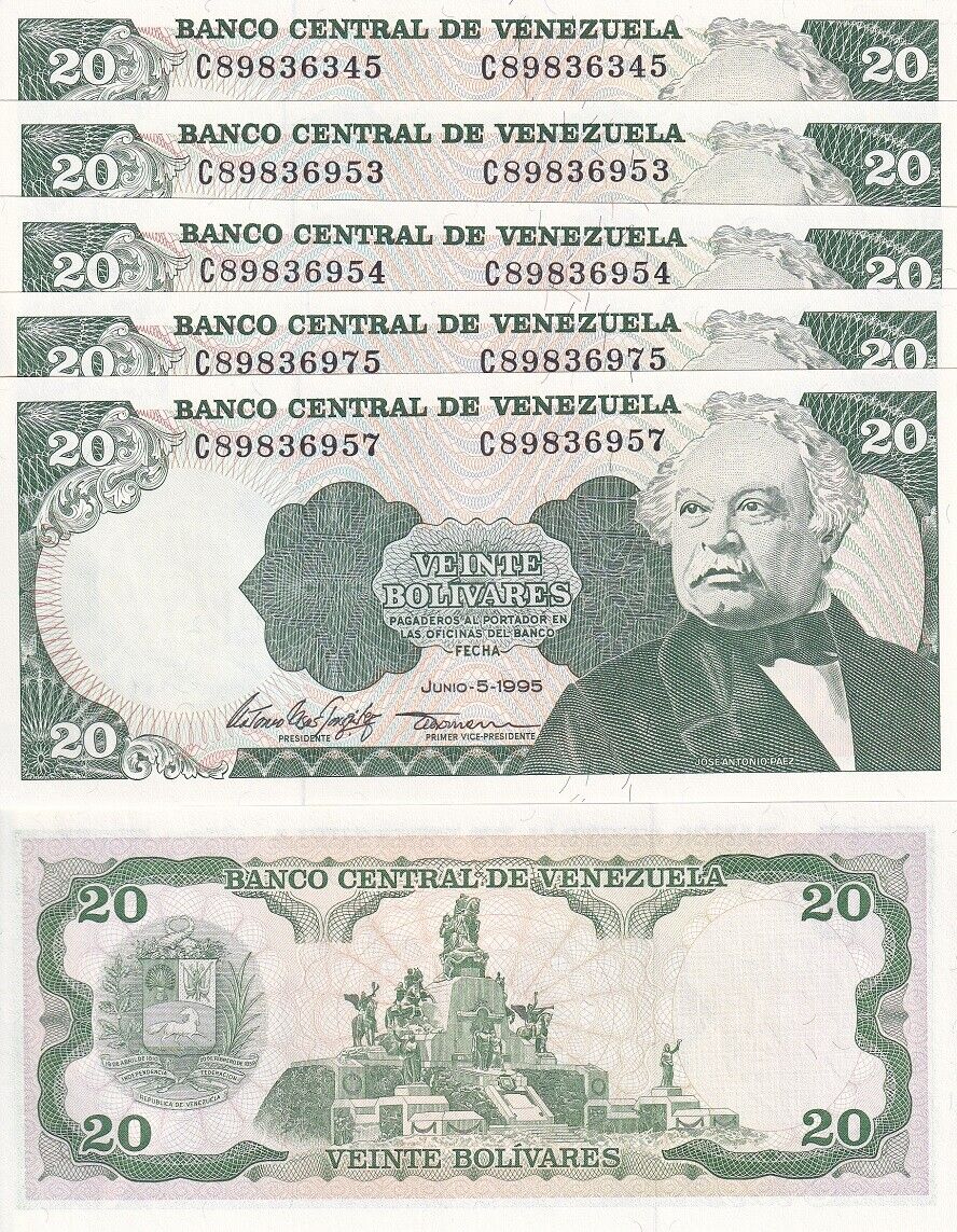 Venezuela 20 Bolivares 1995 P 63 e UNC LOT 5 PCS