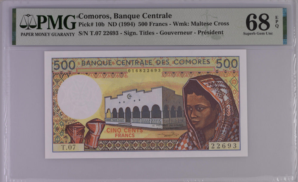Comoros 500 Francs ND 1994 P 10 b Superb GEM UNC PMG 68 EPQ