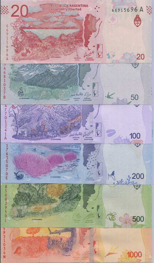 Argentina SET 6 PCS 20 50 100 200 500 1000 Pesos 2017 2018 2019 P 361-366 UNC