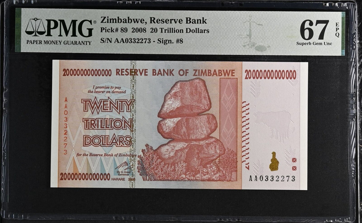 Zimbabwe 20 Trillion Dollars 2008 P 89 Superb GEM UNC PMG 67 EPQ