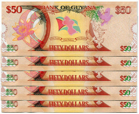 Guyana 50 Dollars ND 2016 P 41 Comm. UNC LOT 5 PCS