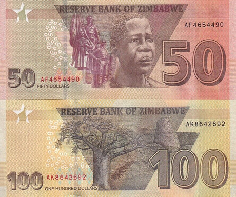 Zimbabwe Set 2 Pcs 50 100 Dollars 2020 P 105 106 UNC