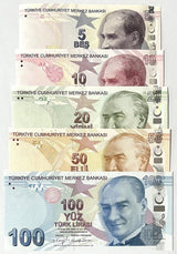 Turkey Set 5 Pcs 5 10 20 50 100 Lira 2009 - 2020 P 222 - 226 Random Sign UNC