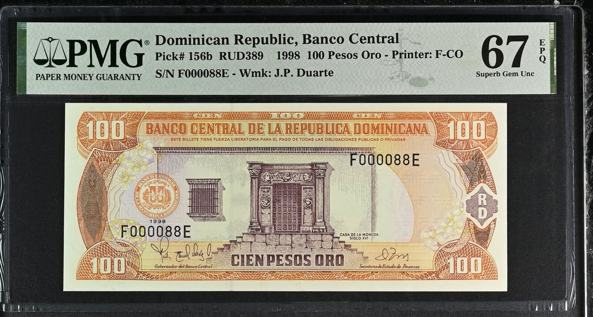 Dominican Republic 100 Pesos 1998 Low #88 P 156 b Superb Gem UNC PMG 67 EPQ TOP