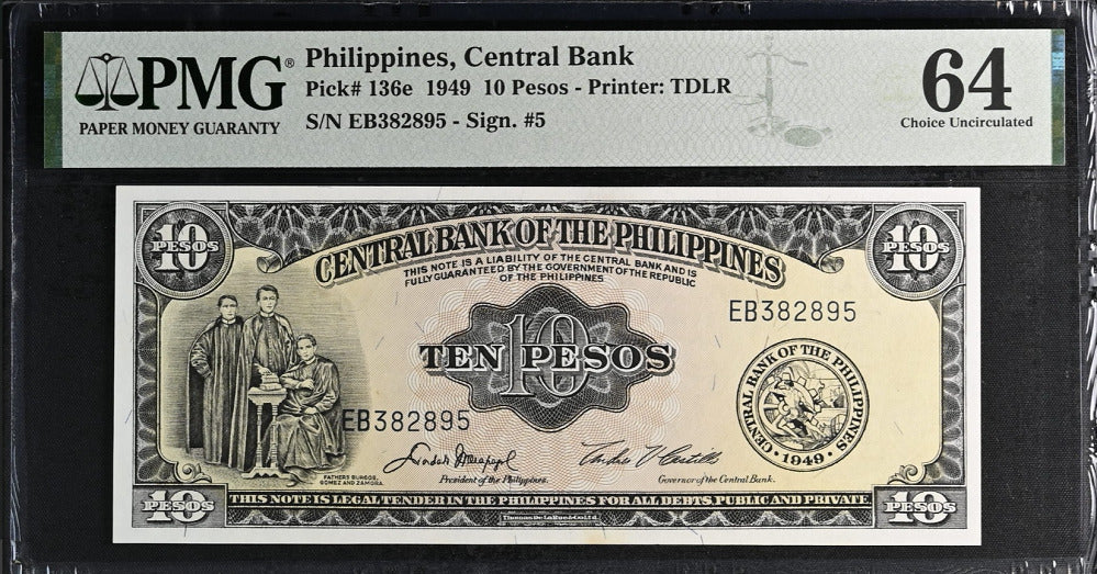 Philippines 10 Peso 1949 P 136 e Choice UNC PMG 64