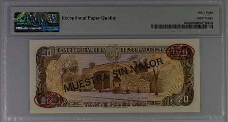 Dominican Republic 20 Pesos 2008 P 120s3 SPECIMEN Superb Gem UNC PMG 68 EPQ Top