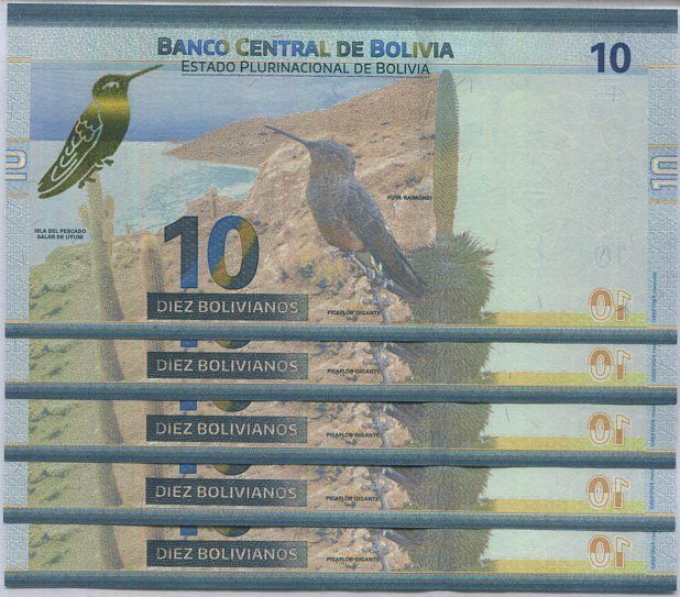 Bolivia 10 Bolivianos 2018 P 248 LOT 5 PCS UNC