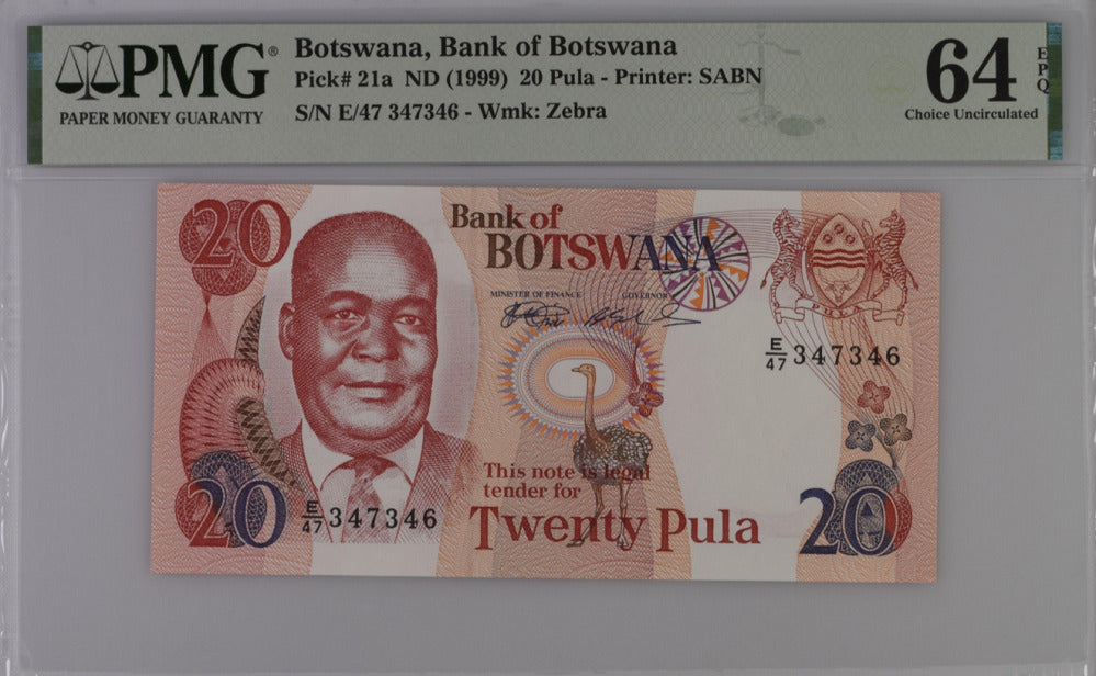 Botswana 20 Pula ND 1999 P 21 a Choice UNC PMG 64 EPQ