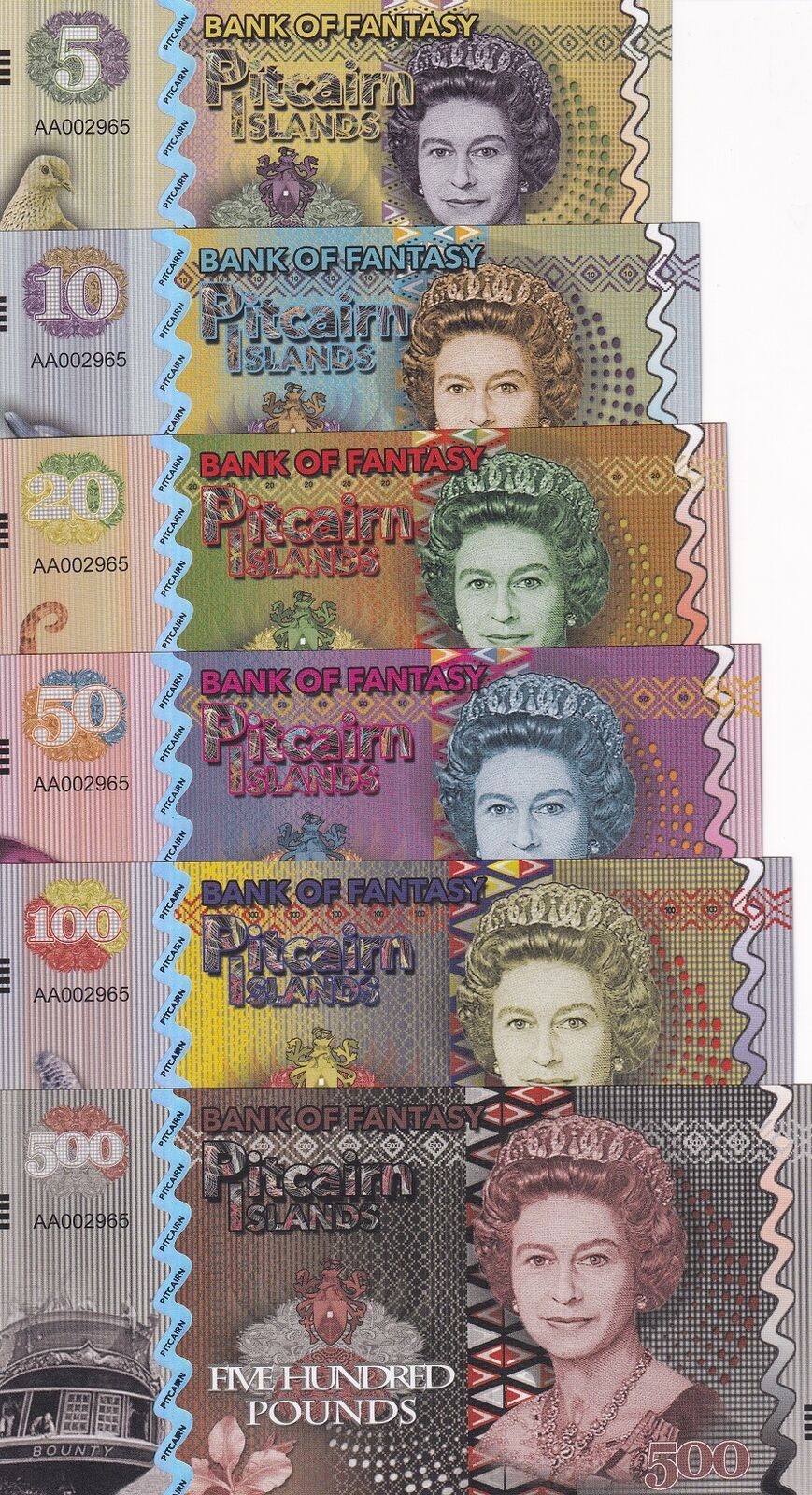 Pitcairn island set 6 FANTASY 5 10 20 50 100 500 Pounds 2018 QE II Mydas Dolphin