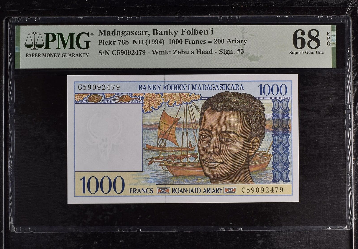 Madagascar 1000 Francs 200 Ariary ND 1994 P 76 b Superb Gem UNC PMG 68 EPQ