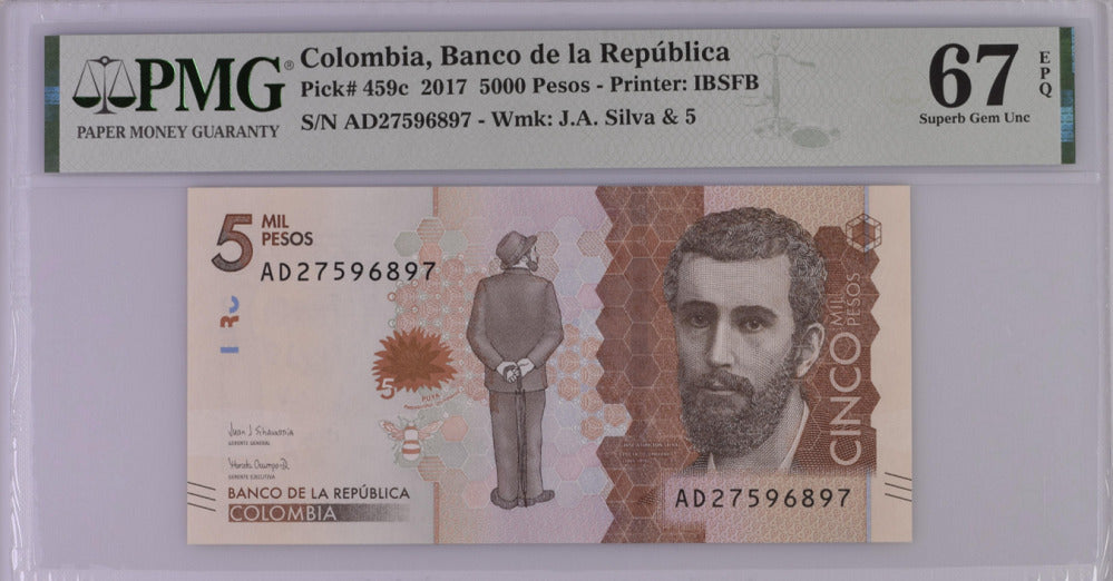 Colombia 5000 Pesos 2017 P 459 c Superb GEM UNC PMG 67 EPQ