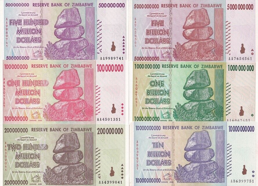 Zimbabwe SET 6 UNC 1 5 10 Billion 100 200 500 Million 2008 P 80 81 82 83 84 85