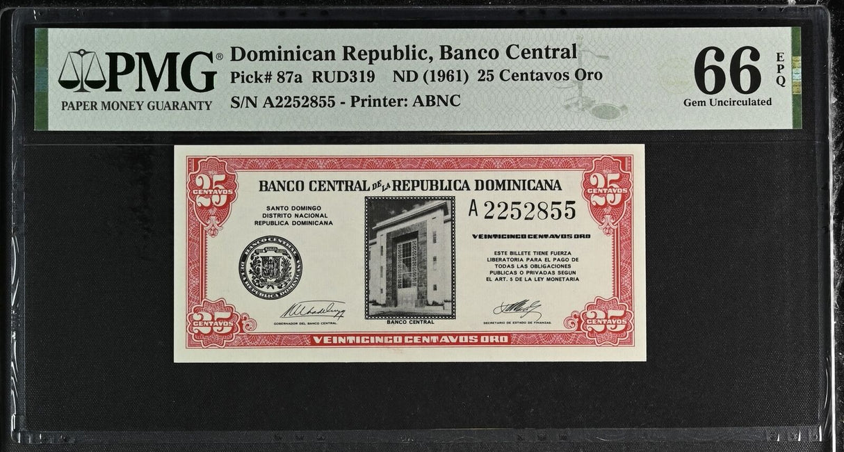 Dominican Republic 25 Centavos Oro ND 1961 P 87 a Gem UNC PMG 66 EPQ