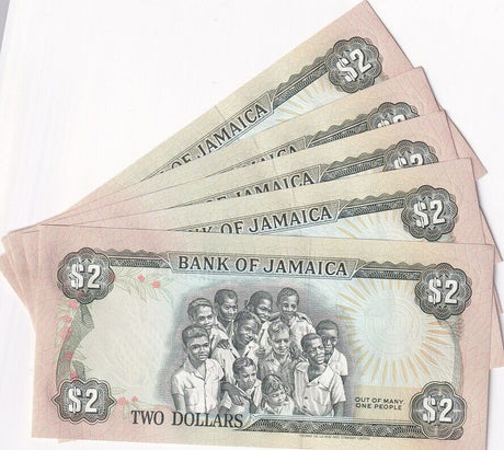 Jamaica 2 Dollars 1993 P 69 e UNC LOT 5 PCS