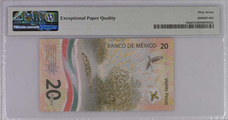 Mexico 20 Pesos 2021 P 136 a Comm. AA Prefix Superb Gem UNC PMG 67 EPQ