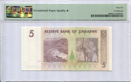 Zimbabwe 5 Dollars 2007 P 66 Gem UNC PMG 66 EPQ Extra Star