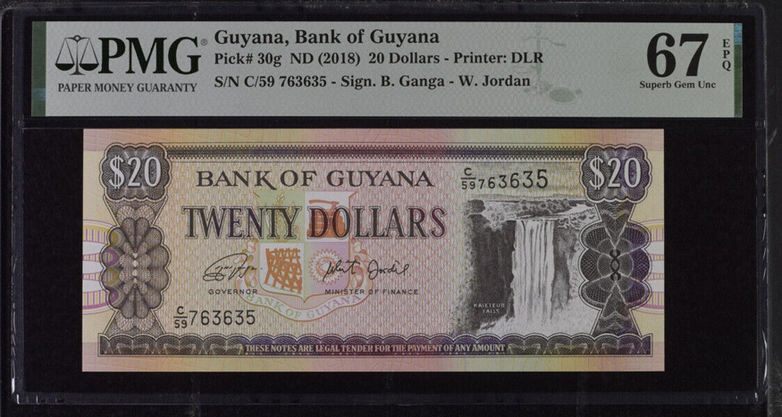 Guyana 20 Dollars ND 2018 P 30 g Superb Gem UNC PMG 67 EPQ