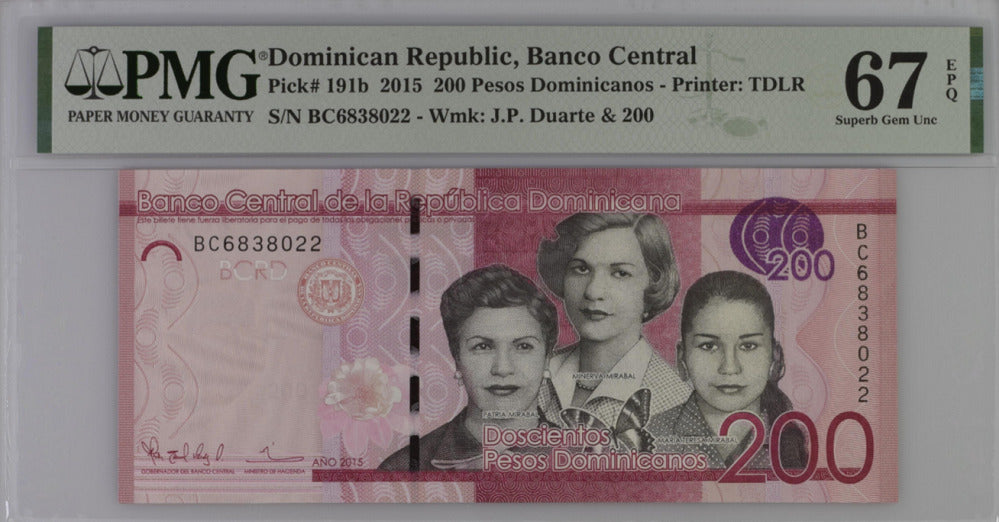 Dominican Republic 200 Pesos 2015 P 191 b Superb Gem UNC PMG 67 EPQ