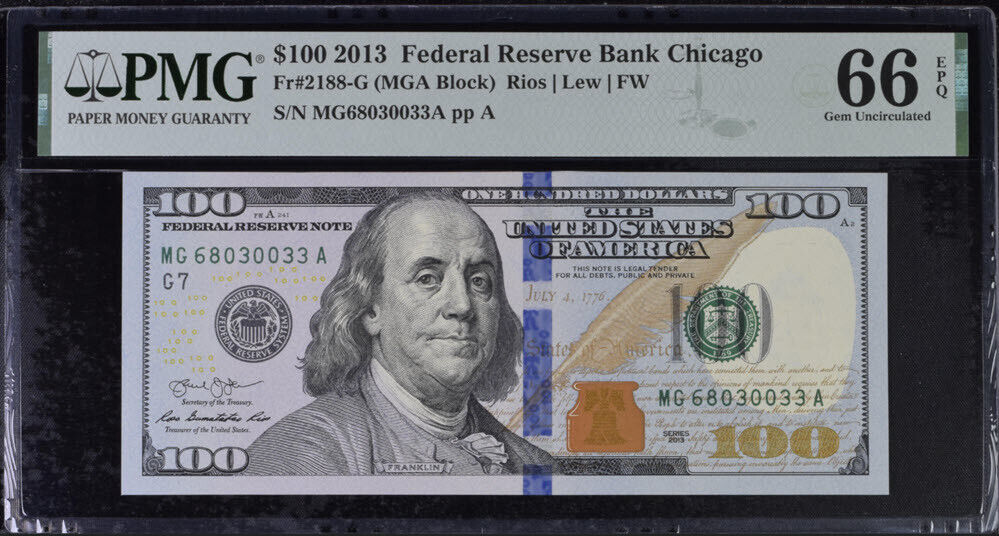 United States 100 Dollars USA 2013 P 543 G Chicago Gem UNC PMG 66 EPQ