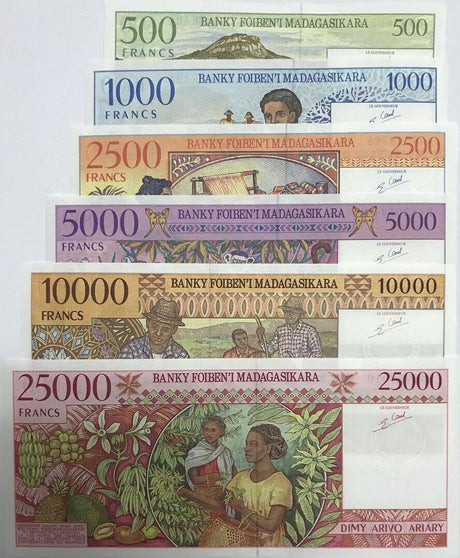 Madagascar Set 6 PCS 500 1000-25000 Francs ND 1994-1995 P 75 76 78 79 P 82 UNC