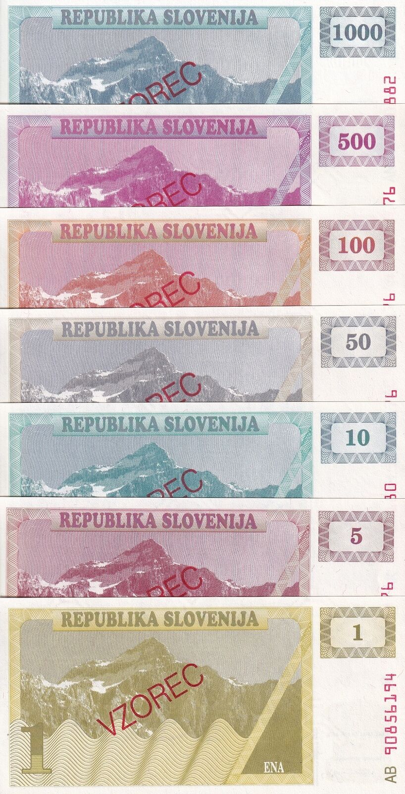 Slovenia Set 7 UNC 1 5 10 50 100 500 1000 TOLAJEV 1990-1992 Specimen P 1 -P 9