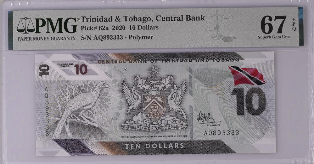 Trinidad & Tobago 10 Dollars 2020 P 62 a NICE 893333 Superb Gem UNC PMG 67 EPQ