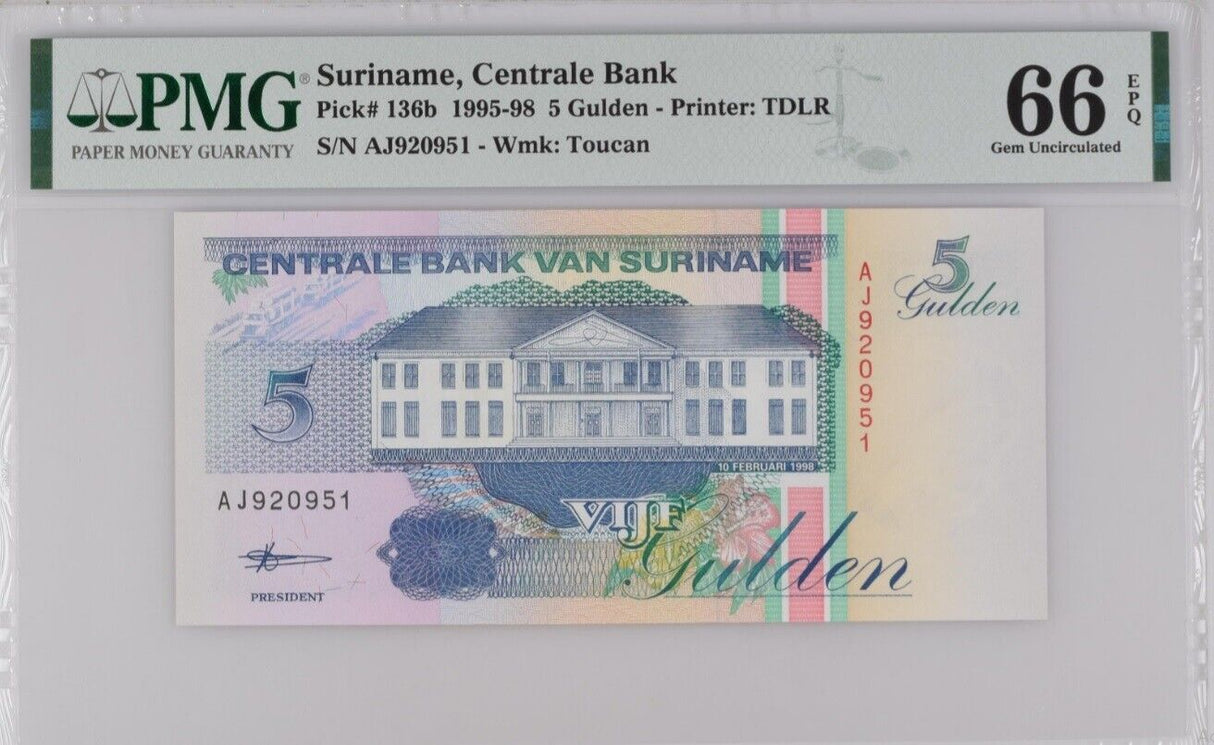 Suriname 5 Gulden 1998 P 136 b Gem UNC PMG 66 EPQ