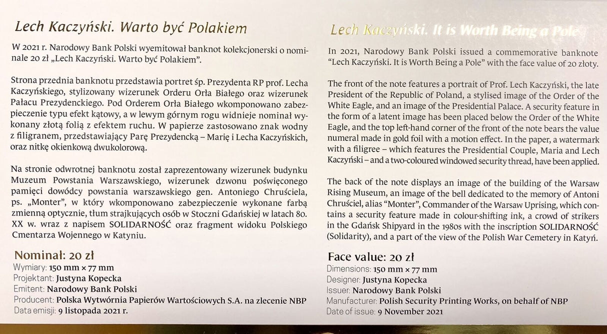 Poland 20 Zlotych Lech Kaczynski Worth Being a Pole Comm P NEW W/ Folder 2021