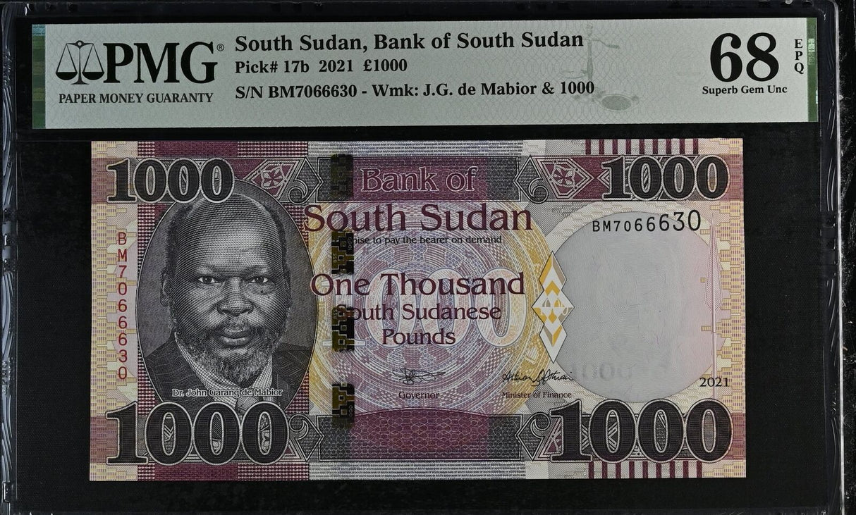 South Sudan 1000 Pound 2021 P 17 b Superb Gem UNC PMG 68 EPQ