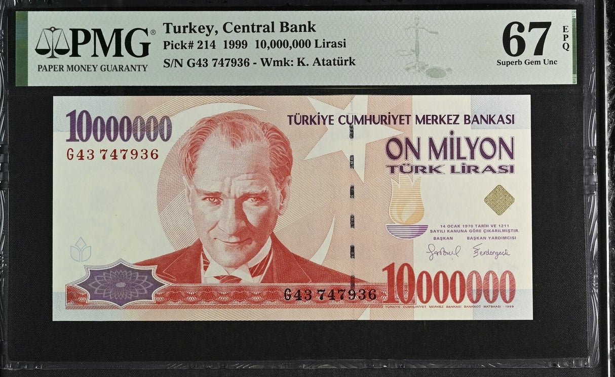 Turkey 10000000 Lira 1999 10 Million Lira P 214 Superb Gem UNC PMG 67 EPQ