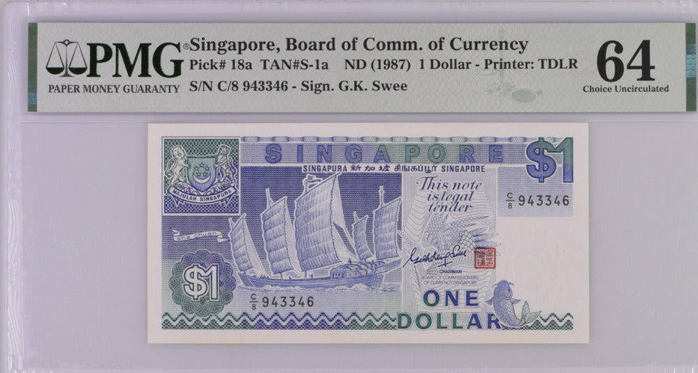 Singapore 1 Dollar ND 1987 P 18 a Choice UNC PMG 64