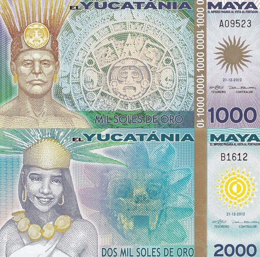 MAYA YUCATANIA Set 2 PCS 1000 2000 MIL SOLES DE ORO 2012 FANTASY POLYMER