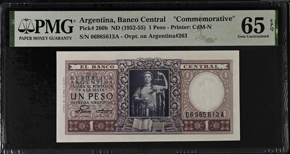 Argentina 1 Peso ND 1952-1955 P 260 b Gem UNC PMG 65 EPQ
