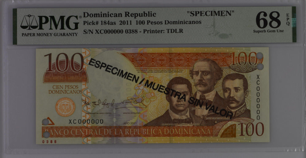 Dominican Republic 100 Pesos 2011 P 184 as SPECIMEN Superb Gem UNC PMG 68 EPQ