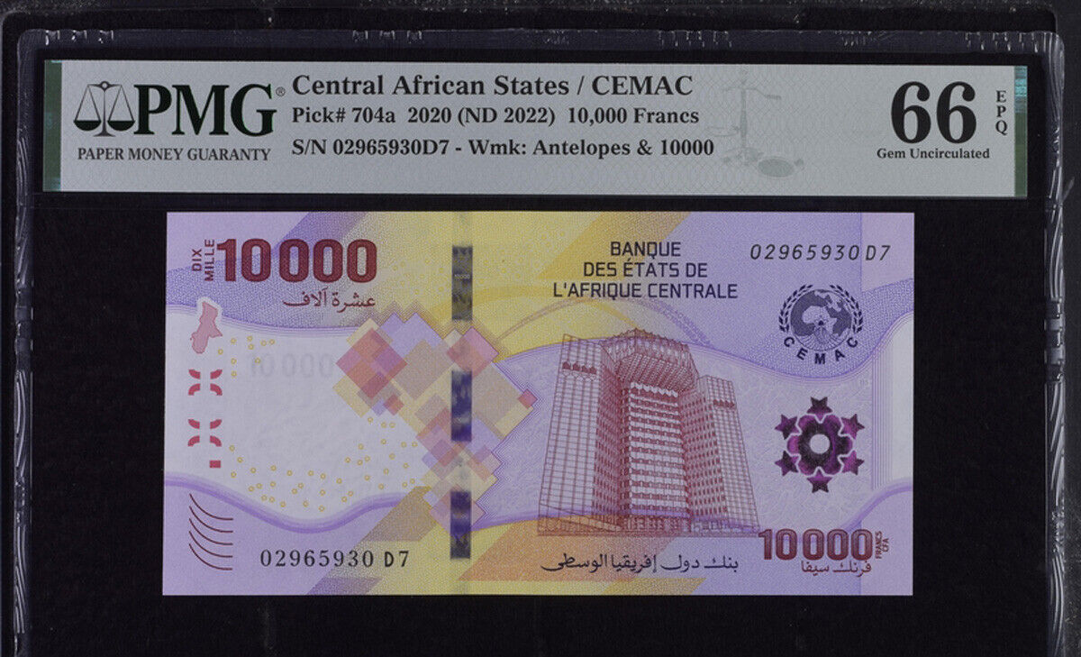 Central African States 10000 Francs 2020 ND 2022 P 704 a Gem UNC PMG 66 EPQ