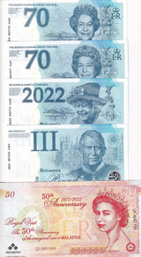 Great Britain Set 5 UK 2023 HM King Charles III & QE II Comm. Test Note Malaysia