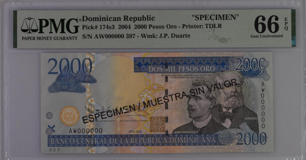 Dominican Republic 2000 Pesos 2004 P 174s3 SPECIMEN Gem UNC PMG 66 EPQ