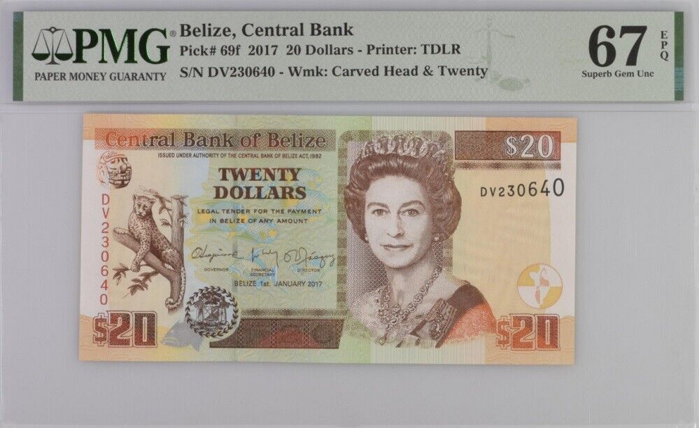 Belize 20 Dollars 2017 P 69 f Superb Gem UNC PMG 67 EPQ